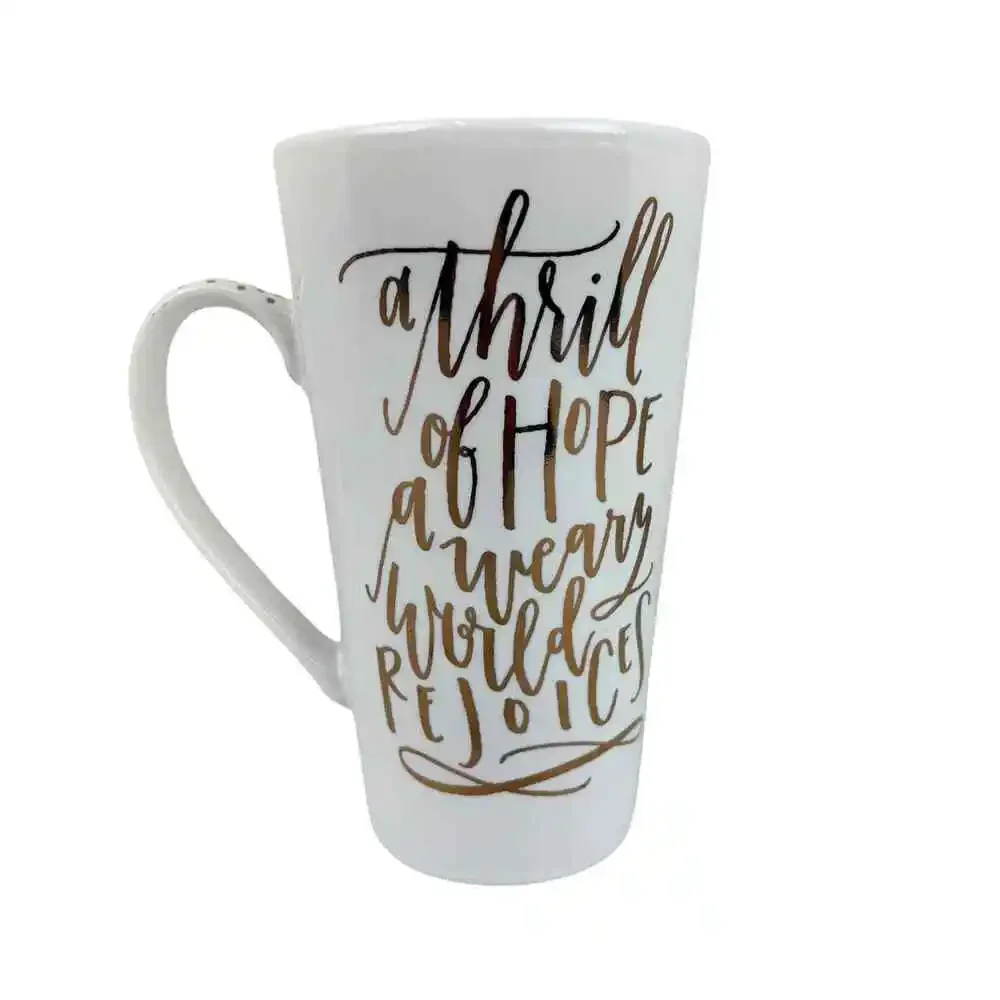 PIER 1 Stoneware Coffee Mug A Thrill of Hope Weary World Rejoices Gold Christmas